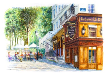 Drawing titled "Montmartre. Tables…" by Alexey Erofalov, Original Artwork, Gel pen