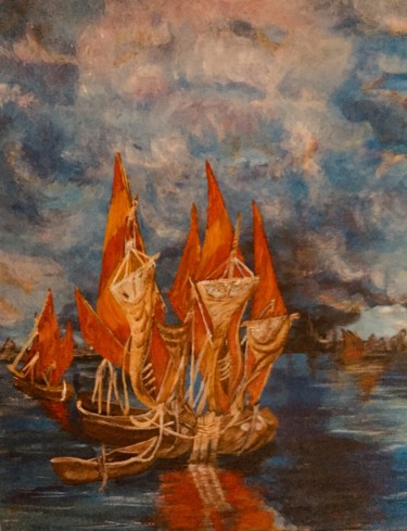 Peinture intitulée "Barques de pêcheurs" par Alban Cavan, Œuvre d'art originale