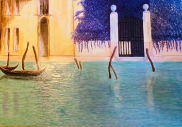 Painting titled "Gondola à Venise" by Alban Cavan, Original Artwork, Pigments Mounted on Wood Stretcher frame