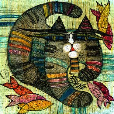 Cat's dreams 21x15 cm Gravures & estampes intitulée "Cat's dreams 21x15…" par Albena Vatcheva (ALBENA), Œuvre d'art originale, Monotype