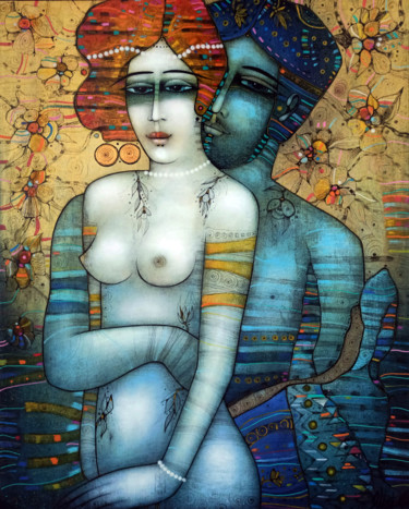 Painting titled "L'heure bleue" by Albena Vatcheva, Original Artwork, Oil Mounted on Wood Stretcher frame
