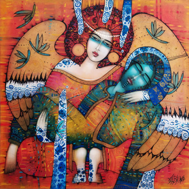 Painting titled "Adieu mon Icare / p…" by Albena Vatcheva, Original Artwork, Oil Mounted on Wood Stretcher frame