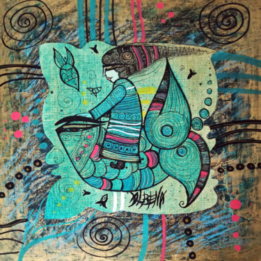 Painting titled "Pégase de mer" by Albena Vatcheva, Original Artwork, Collages Mounted on Wood Panel