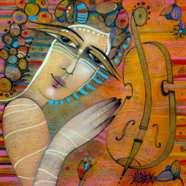 Painting titled "Mélodie orange 34 cm" by Albena Vatcheva, Original Artwork, Oil Mounted on Wood Stretcher frame