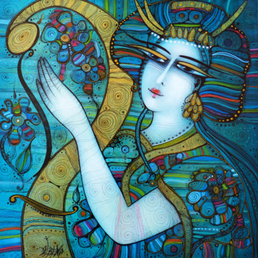 Malerei mit dem Titel "Harpe en fleurs" von Albena Vatcheva, Original-Kunstwerk, Öl Auf Keilrahmen aus Holz montiert