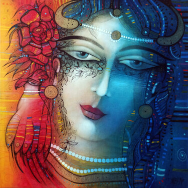 Painting titled "Portrait aux perles" by Albena Vatcheva, Original Artwork, Oil Mounted on Wood Stretcher frame