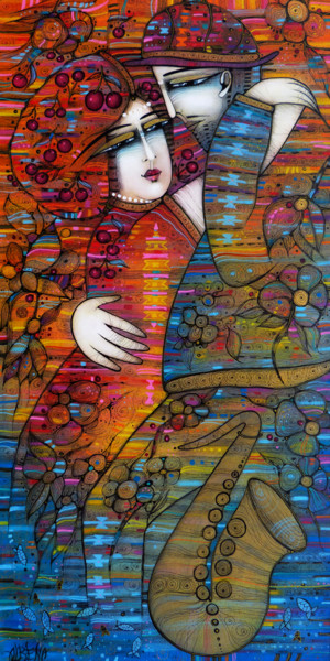 Peinture intitulée "Tango aux cerises" par Albena Vatcheva, Œuvre d'art originale, Huile Monté sur Châssis en bois