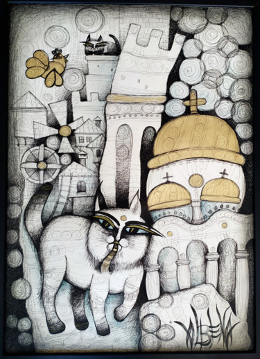 Dibujo titulada "Les villages de mon…" por Albena Vatcheva, Obra de arte original, Tinta Montado en Otro panel rígido