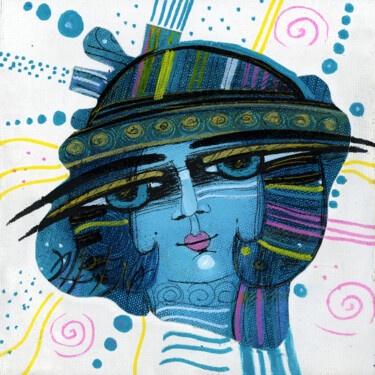 Κολάζ με τίτλο "Blue hat" από Albena Vatcheva, Αυθεντικά έργα τέχνης, Λάδι Τοποθετήθηκε στο Ξύλινο φορείο σκελετό
