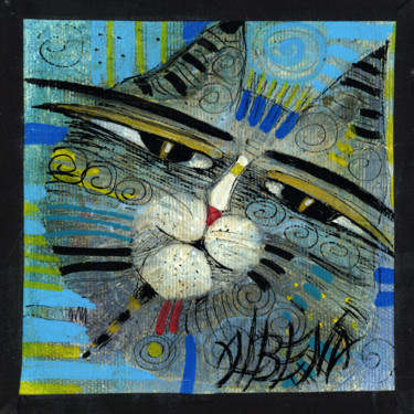 Painting titled "The cat 15 cm" by Albena Vatcheva, Original Artwork, Oil Mounted on Wood Stretcher frame