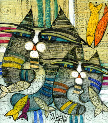 Incisioni, stampe intitolato "Cat's paradise 21x3…" da Albena Vatcheva, Opera d'arte originale, Monotipo