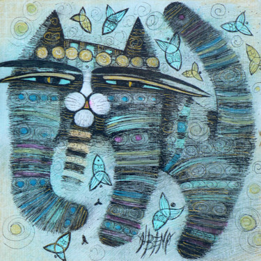 Gravures & estampes intitulée "Happy cat" par Albena Vatcheva, Œuvre d'art originale, Monotype
