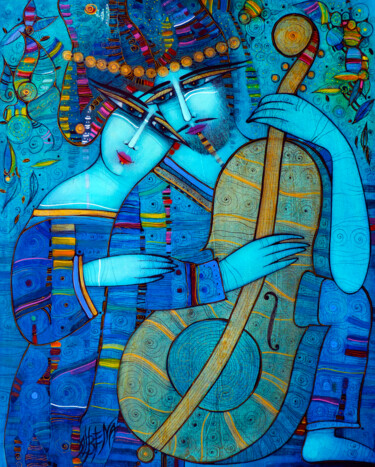 Painting titled "Bleu" by Albena Vatcheva, Original Artwork, Oil Mounted on Wood Stretcher frame