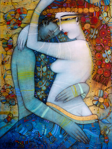 Painting titled "Baiser aux papilons" by Albena Vatcheva, Original Artwork, Oil Mounted on Wood Stretcher frame