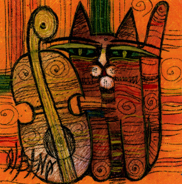 Incisioni, stampe intitolato "Chat et violon" da Albena Vatcheva, Opera d'arte originale, Monotipo