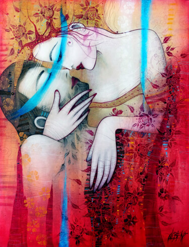 Painting titled "IN MY ARMS" by Albena Vatcheva, Original Artwork, Oil Mounted on Wood Stretcher frame