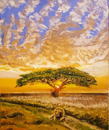 Peinture intitulée "Lion dans la savane" par Alber, Œuvre d'art originale, Acrylique Monté sur Châssis en bois