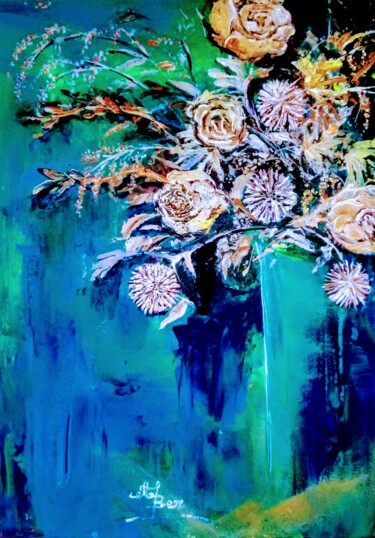 Painting titled "Bouquet de fleurs s…" by Alber, Original Artwork, Acrylic Mounted on Wood Stretcher frame