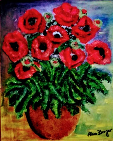 Painting titled "Les coquelicots" by Alber, Original Artwork, Sand Mounted on Wood Panel