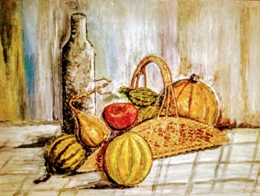 Painting titled "Panière de fruits e…" by Alber, Original Artwork, Sand Mounted on Wood Panel