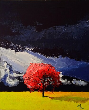 Painting titled "L'arbre Rouge" by Alber, Original Artwork, Acrylic Mounted on Wood Stretcher frame