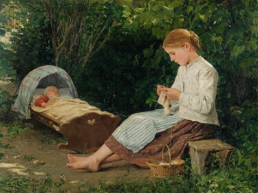 Painting titled "Knitting girl watch…" by Albert Anker, Original Artwork, Oil