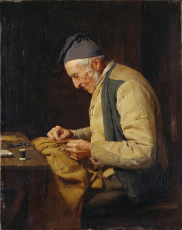 Pittura intitolato "Le tailleur du vill…" da Albert Anker, Opera d'arte originale, Olio