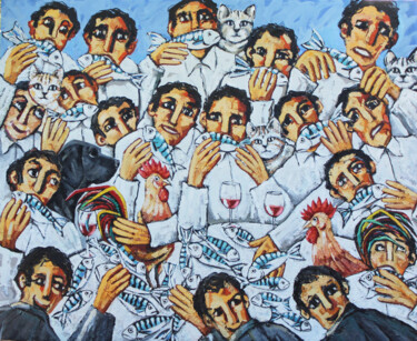 Malerei mit dem Titel "Gran comida de pesc…" von Albert Cruells, Original-Kunstwerk, Öl Auf Keilrahmen aus Holz montiert