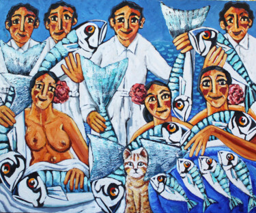 Painting titled "Pescadores y sus mu…" by Albert Cruells, Original Artwork, Oil Mounted on Wood Stretcher frame