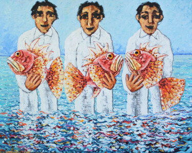 Malarstwo zatytułowany „Pescadores y peces…” autorstwa Albert Cruells, Oryginalna praca, Olej Zamontowany na Drewniana rama…