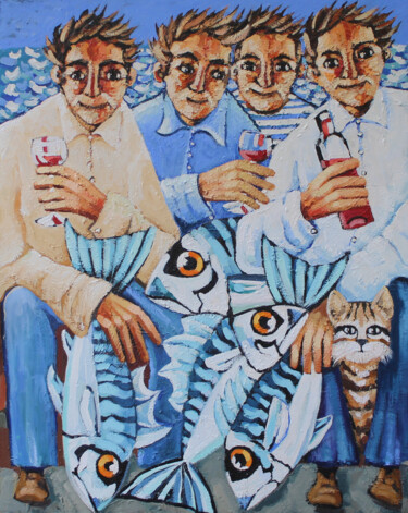 Painting titled "Pescadores, vino y…" by Albert Cruells, Original Artwork, Oil Mounted on Wood Stretcher frame