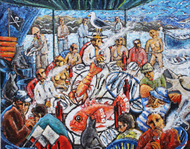Malerei mit dem Titel "Fiesta de la pesca…" von Albert Cruells, Original-Kunstwerk, Öl Auf Keilrahmen aus Holz montiert