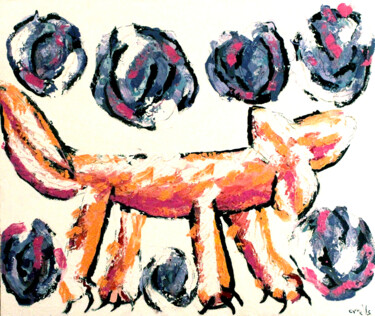 Malerei mit dem Titel "Perro en un campo d…" von Albert Cruells, Original-Kunstwerk, Acryl Auf Keilrahmen aus Holz montiert