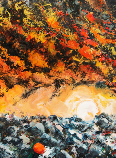 Painting titled "Puesta de sol en el…" by Albert Cruells, Original Artwork, Encaustic Mounted on Wood Panel