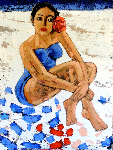 Painting titled "Mujer en bañador az…" by Albert Cruells, Original Artwork, Acrylic Mounted on Wood Stretcher frame