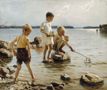 Peinture intitulée "Garçons jouant sur…" par Albert Edelfelt, Œuvre d'art originale, Huile