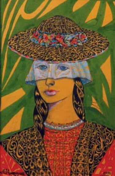 Malerei mit dem Titel "The Girl with Veil" von Albert Karoyan, Original-Kunstwerk, Gouache