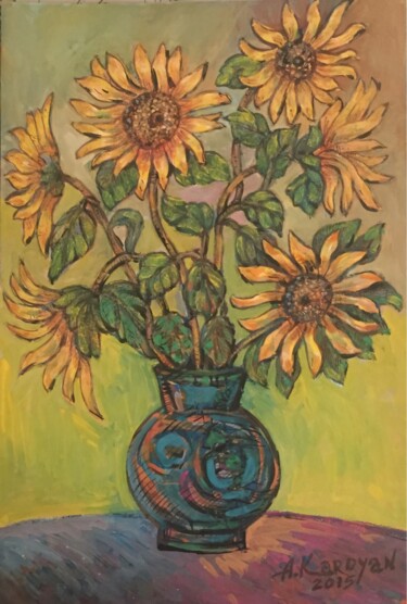 Pittura intitolato "Sunflowers" da Albert Karoyan, Opera d'arte originale, Gouache