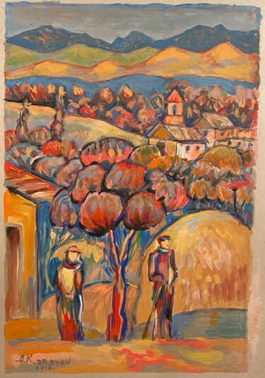 Peinture intitulée "The Village Guards" par Albert Karoyan, Œuvre d'art originale, Gouache