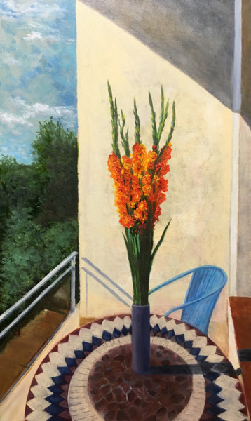 Painting titled "Gladioluses on the…" by Albert Safiullin, Original Artwork, Oil