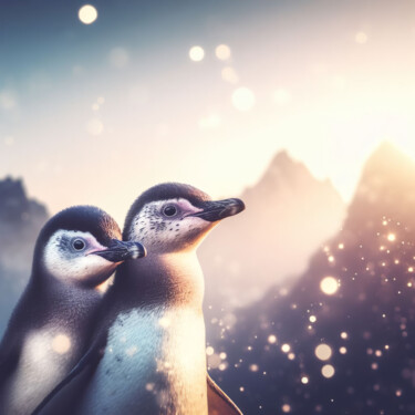 Digitale Kunst getiteld "A Romantic Penguin…" door Albertbs, Origineel Kunstwerk, AI gegenereerde afbeelding