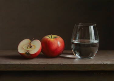 Pintura intitulada "Apples with a glass" por Albert Kechyan, Obras de arte originais, Óleo