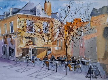 Painting titled "Terrasse du café du…" by Albert Loret, Original Artwork, Watercolor