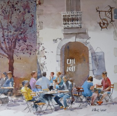 Pittura intitolato "A midi au café du P…" da Albert Loret, Opera d'arte originale, Acquarello