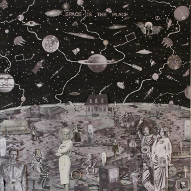 제목이 "Space-is-the-Place.…"인 콜라주 Alberto Sordi로, 원작, 콜라주 목재 패널에 장착됨