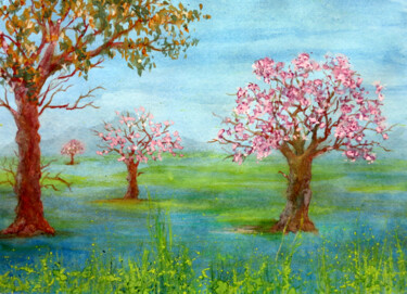 Pintura intitulada "Huerta de Manzanos" por Alberto Thirion, Obras de arte originais, Aquarela
