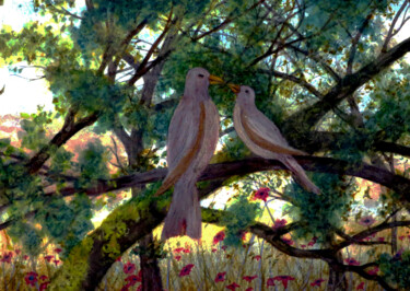 Картина под названием "Amour des oiseaux" - Alberto Thirion, Подлинное произведение искусства, Акварель