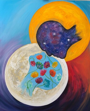 Malarstwo zatytułowany „Yin Yang. Sun and M…” autorstwa Albina Ayhan, Oryginalna praca, Akryl Zamontowany na Drewniana rama…