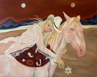 Painting titled "Dos Lunas. Blonde a…" by Albina Ayhan, Original Artwork, Oil Mounted on Wood Stretcher frame