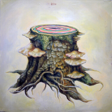 Painting titled "THAT STUMP" by Albina Bunina, Original Artwork, Oil Mounted on Wood Stretcher frame
